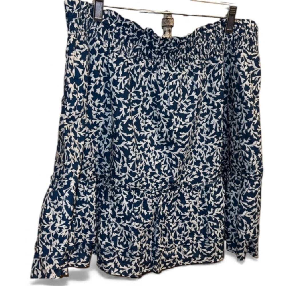 J Crew skirt Blue White Leaf Print lined smocked waist large